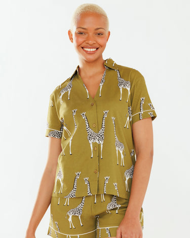 Khaki Giraffe Button Up V-Neck Short Pyjama Set